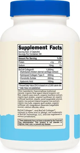 Miniatura 5 de Nutricost BioCell Colágeno (1,000 mg) 120 cápsulas - Suplemento de colágeno hidrolizado tipo II, sin OMG, sin gluten, 60 porciones