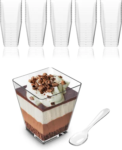 Miniatura 9 de Mini Copas de Postre con Cucharas (PAQUETE DE 50) (Cucharas Transparentes) (Sin Tapas) – Copas de Plástico de 5 oz para Aperitivos para Parfait