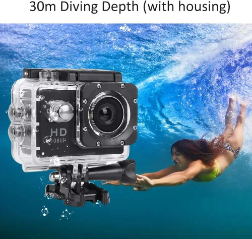 Miniatura 4 de Cámara de acción 1080P 30fps 12MP, cámara deportiva impermeable 30M de 2 pulgadas con accesorios para vlogging, buceo, esquí, negro