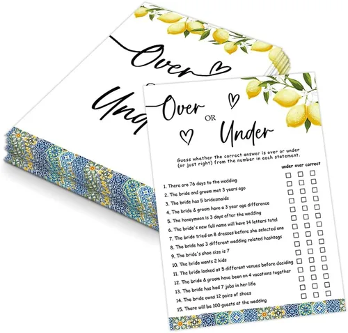 Azulejos azules y limones sobre o debajo del juego para 30 invitados con tarjetas de juego, juego de limones para despedida de soltera, decoraciones