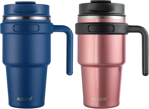 Miniatura 9 de Taza/vaso de café aislado de 20 onzas con asa, vaso de viaje de acero inoxidable con tapa y popote, vaso de doble pared con aislamiento al vacío a