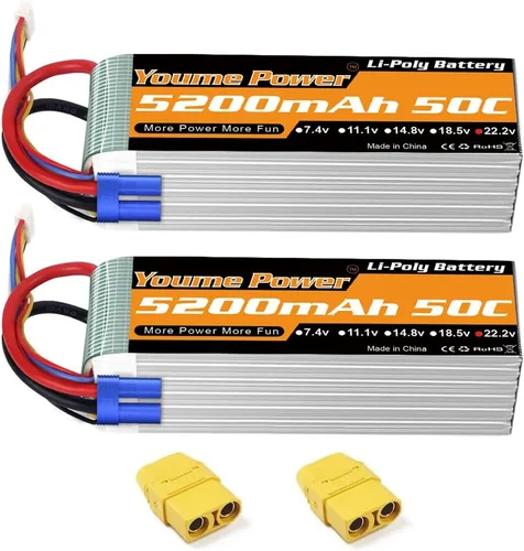 Youme - Batería Lipo 6S, batería Lipo de 22.2 V, 5200 mAh, 50C, funda suave con enchufe EC5 y XT90 para DJI Align T-REX550 600 RC Avión Helicóptero