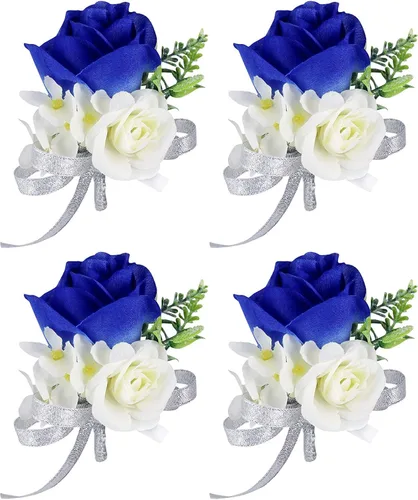 ChezMax Ramillete artificial de flores hechas a mano con clip y cinta, 4 unidades para novia, novio, boda, fiesta de graduación