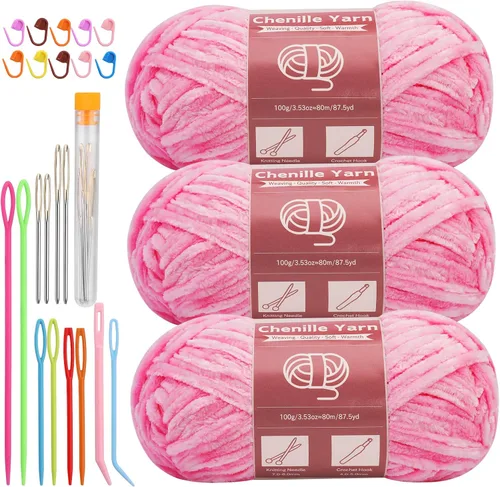 Miniatura 51 de LUNARM Hilado de chenilla para tejer y hacer ganchillo, 3 madejas de 240 metros de hilo grueso, suave y voluminoso, para tejer mantas, ropa y Beige