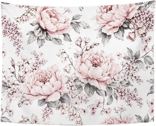 Emvency Tapiz de flores y hojas rosas y grises, patrón floral de rosas, decoración del hogar, para colgar en la pared para sala de estar,