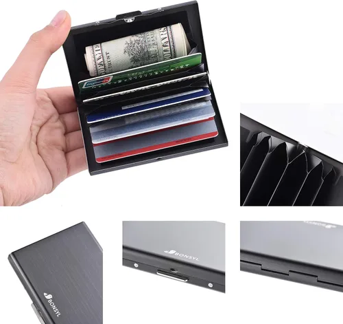 Miniatura 125 de BONSYL® Soporte para tarjetas de crédito, cartera delgada de metal con bloqueo RFID, con 6 ranuras para tarjetas, para mujeres y hombres.