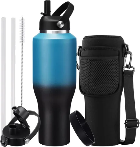 Miniatura 34 de Botella de agua de acero inoxidable de 32 onzas, frío-48 horas y caliente-24 horas, termo con popote y tapas de boquilla, bolsa, botella aislada al