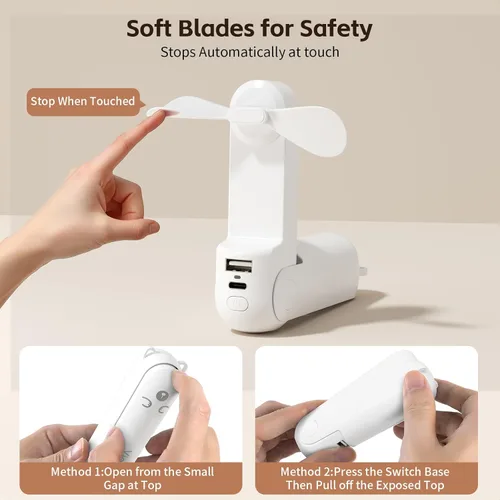 Miniatura 5 de Morelax Portable Fan, Mini Handheld Fan with Power Bank, Cute USB Rechargeable Pocket Fan, Foldable Small Cooling Fan with LED Light, Personal Negro