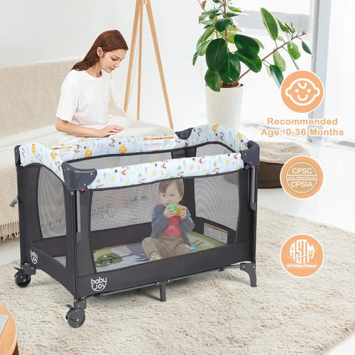 Miniatura 5 de Baby Joy Paquete y juego 4 en 1, cama de noche para bebé con moisés, 3 alturas ajustables, caja de música, fácil de instalar, cuna plegable