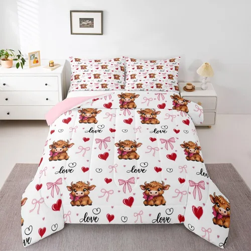 Miniatura 50 de Juego de ropa de cama de vaca de las tierras altas, edredón de ganado de las tierras altas, juego de edredón rosa floral de vaca occidental, juego