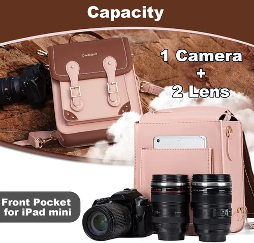 Miniatura 2 de Cwatcun Bolsa para cámara para mujer, funda cruzada para cámara retro, mochila impermeable de piel sintética vintage, bolso ligero para cámara