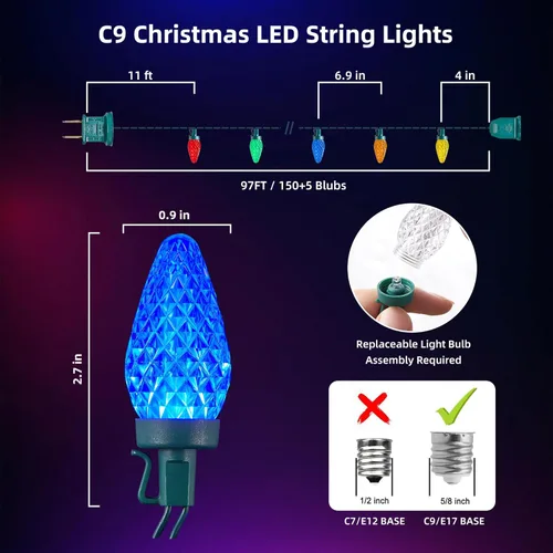 Miniatura 9 de Luces LED C9 de Navidad para exteriores, 97 pies, 150 LED, impermeables, decoraciones navideñas de fresas, luces de cadena, enchufables, luces