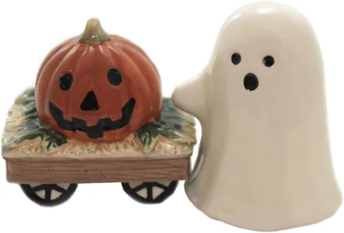 Bonito disfraz de casper de cerámica fina para Halloween con vagón de calabaza, salero y pimentero, 3-1/4 pulgadas de alto