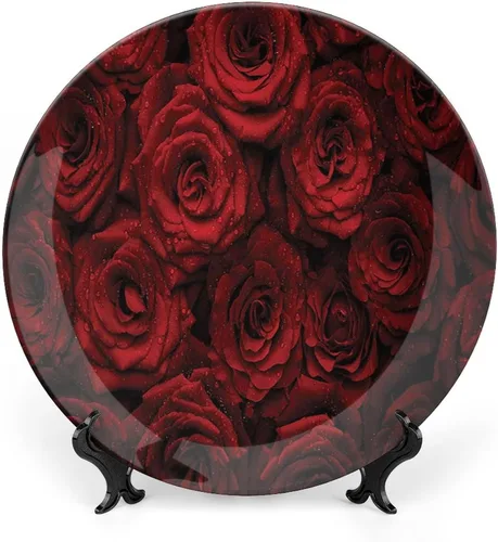 Placa decorativa de 8 pulgadas, artesanía de cerámica roja oscura, rosas rojas con gotas de agua, placa de exhibición de cerámica para adornos Rojo