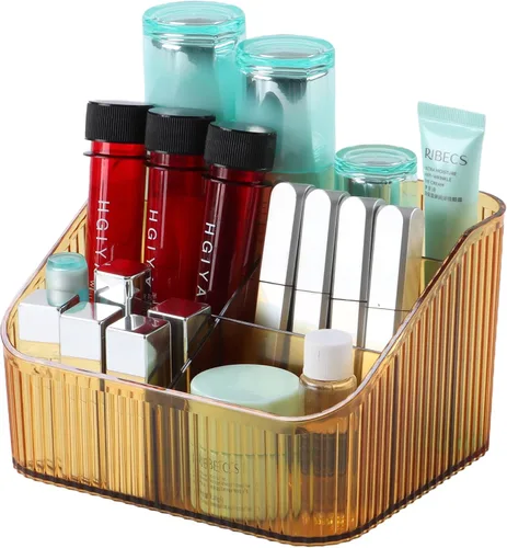 Organizador de brochas de maquillaje ámbar para tocador, organizador de encimera de baño, 5 tazas, almacenamiento y exhibición de artículos de