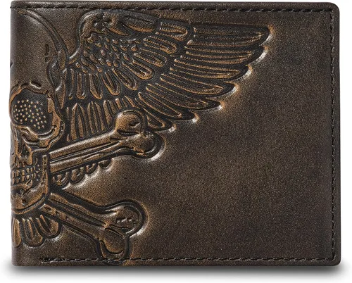 HoJ Co. Skull - Cartera plegable Calavera alada con gráfico de huesos cruzados Cuero de grano completo con acabado pulido a mano Cartera delgada