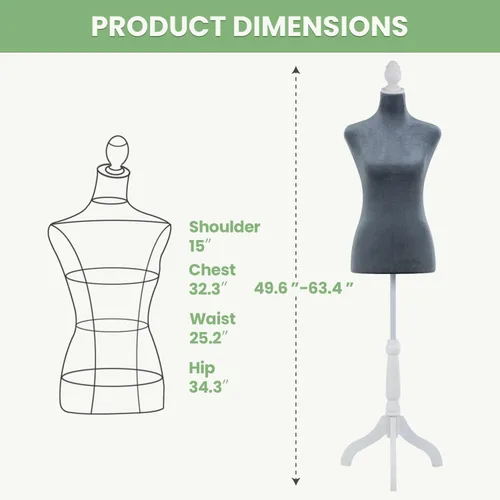 Miniatura 8 de Maniquí femenino con forma de torso, cuerpo de maniquí para vestido, altura ajustable de 49.6 a 63.4 pulgadas, soporte de trípode de madera, espuma