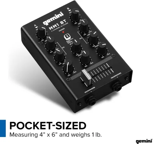 Miniatura 6 de Mezclador DJ portátil Bluetooth Gemini – Mezclador de audio mini de 2 canales con entrada inalámbrica, RCA, tomas para micrófono y auriculares, EQ