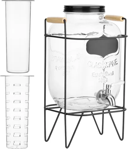 Miniatura 8 de Navaris Dispensador de bebidas en tarro de vidrio con grifo, incluye soporte de metal, tubo de hielo e infusor de frutas, para cóctel, limonada