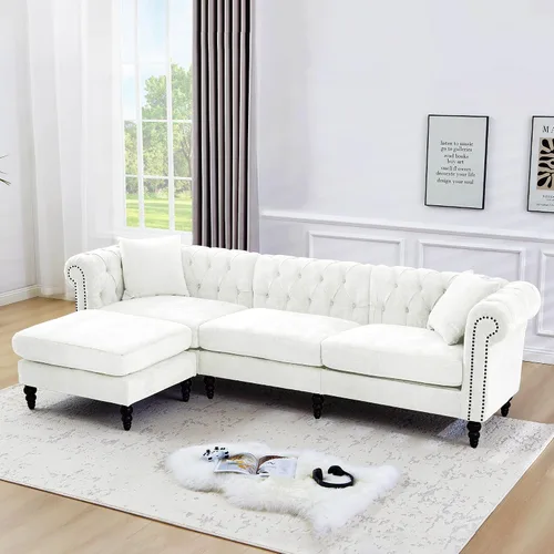 Miniatura 11 de LEVNARY Sofá seccional Chesterfield en forma de L de 108 pulgadas con otomana móvil, sofá de 4 asientos con brazos curvos, tapizado en piel