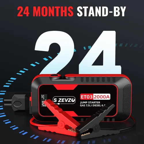 Miniatura 7 de S ZEVZO ET03 Arrancador de Coche 2000A, Paquete de Batería de Arranque para hasta 7.5 L de Gas y 6.5 L de Diésel, Caja de Arranque Portátil de 12V