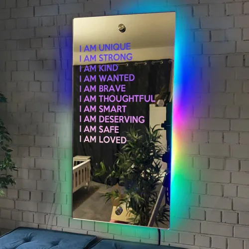 Espejo de luz personalizado con texto en inglés «Affirmations» – Decoración de pared LED multicolor personalizada, decoración de Navidad, boda,