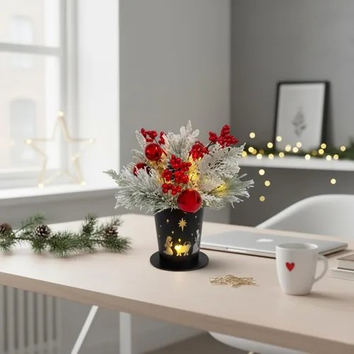 Miniatura 7 de Centro de Mesa Navideño Iluminado en Maceta de Metal con Temporizador, Escena del Nacimiento Navideño en Base de Metal Negro con Ornamento de Piñas