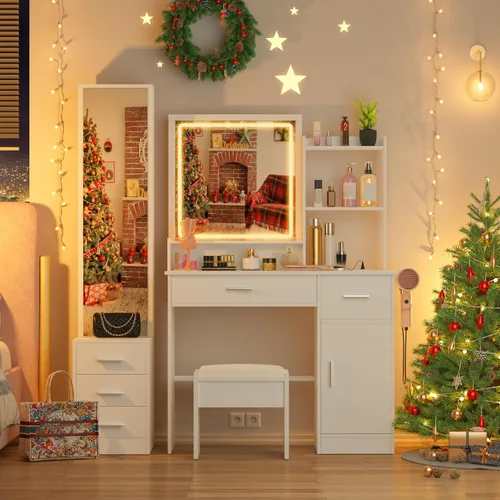 Miniatura 9 de INTERGREAT Tocador de maquillaje con luces y espejo, escritorio de tocador blanco, tocador con cajones grandes, 3 modos de iluminación, espejo