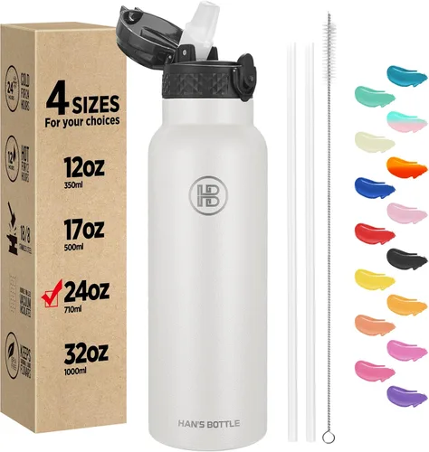 Miniatura 34 de Han's Bottle - Botella de agua para niños con tapa con pajilla - Vaso reutilizable de acero inoxidable aislado para niñas, niños, taza termo, 17
