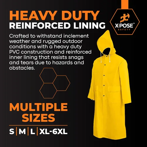 Miniatura 6 de Xpose Safety Chaqueta impermeable amarilla resistente de 0.014 in PVC 48in con capucha desmontable, impermeable, pesca