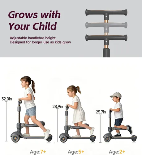 Miniatura 5 de 2-in-1 Toddler Scooter with Seat, First Scooter for Kids Ages 2–5, Sit-to-Stand Training Scooter, 3 Wheel Lean-to-Steer, Adjustable Handlebars
