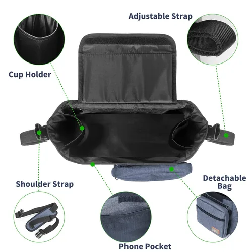 Miniatura 6 de Homlynn Organizador universal para cochecito, bolsa de almacenamiento grande con portavasos y correas de hombro y bolsillo desmontable, carrito
