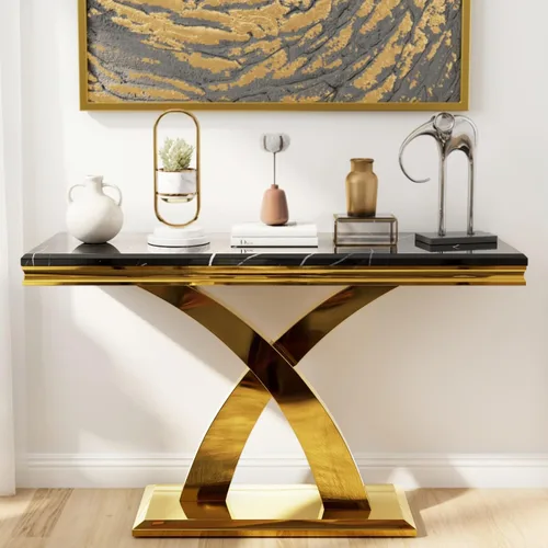AUZ Mesa consola dorada, mesa rectangular de 50 pulgadas, mesa de entrada de lujo con base en X de metal pulido para sala de estar, pasillo, Negro y