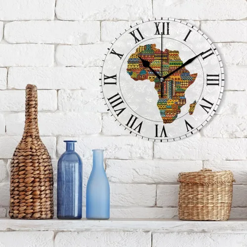 Miniatura 3 de ALAZA - Reloj de pared redondo con mapa étnico de África, silencioso, sin tictac, pintura al óleo para el hogar, oficina, escuela, arte decorativo