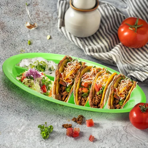 Miniatura 6 de Bekith Paquete de 10 platos de plástico para tacos para fiestas, soporte grande para tacos con 2 áreas de inmersión, divisor de pie para 3 tacos