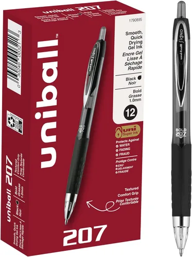 Bolígrafos de gel retráctiles uni-ball 207, punta gruesa, 1mm, negro, paquete de 12 unidades