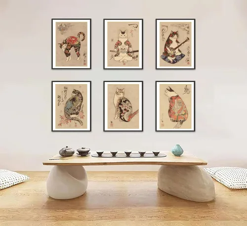 Miniatura 6 de 6 piezas de arte de pared de gato samurái japonés de carteles de decoración de bushido de Japón, pinturas de Kung Fu tatuajes divertidos de fantasía