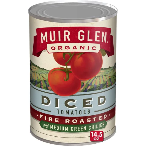 Miniatura 9 de Muir Glen Tomates enlatados orgánicos tostados al fuego en cubitos con chiles verdes medianos, 14.5 oz.