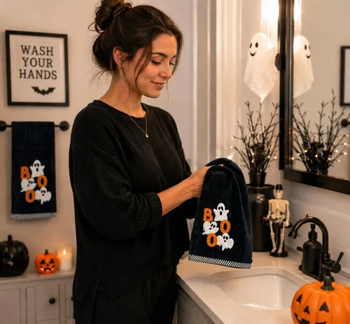 Miniatura 6 de Serafina Home Toallas de mano de baño de Halloween, fantasmas bordados, diseño Boo, juego de 2, color negro, 16 x 25 pulgadas