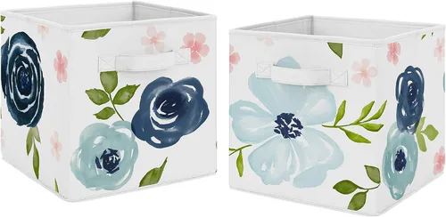 Miniatura 8 de Sweet Jojo Designs Juego de 2 cubos de almacenamiento plegables de tela de acuarela rosa y gris, organizador de juguetes para niños y bebés
