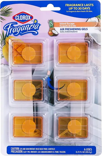 Clorox Fraganzia - Geles ambientadores adhesivos en Island Escape, 6 unidades | Ambientador sin enchufe, sin batería para latas de basura y más, 6