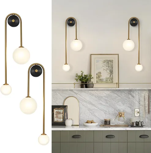Miniatura 10 de Lámpara de Pared Moderna con Globo de Vidrio de 2 Luces, Aplique de Pared de Latón Doblemente Cepillado, Iluminación de Mediados de Siglo, Lámpara
