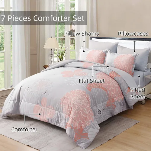 Miniatura 3 de Yiran Juego de edredón de 7 piezas color gris rubor floral en una bolsa, juego de ropa de cama de microfibra suave, tamaño Queen de 90"×90