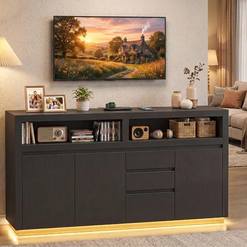 FACBOTALL Soporte de TV moderno de 63 pulgadas, gran centro de entretenimiento con armarios y cajones de almacenamiento, gabinete de consola