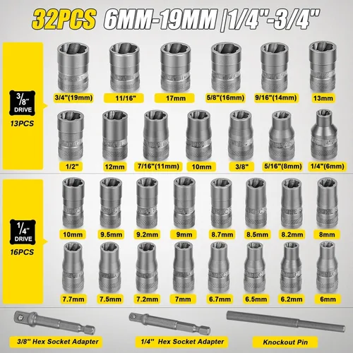 Miniatura 3 de Topec - Juego de 32 piezas de extractor de pernos, juego de extractor de pernos pelados, removedor de pernos redondeados de 6mm-19mm (1/4" a 3/4")