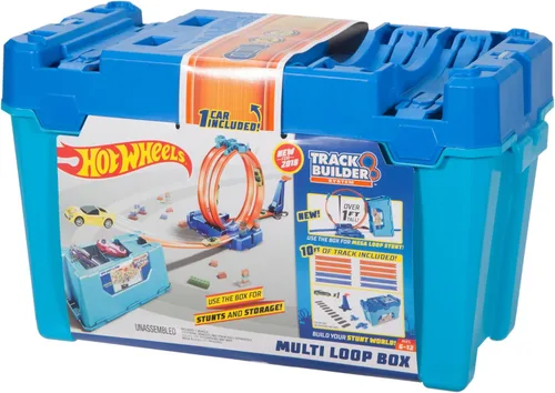 Hot Wheels Track Builder Playset Multi Loop Box, 10 pies de pista y 1 auto de juguete a escala 1:64, cuenta con caja de almacenamiento