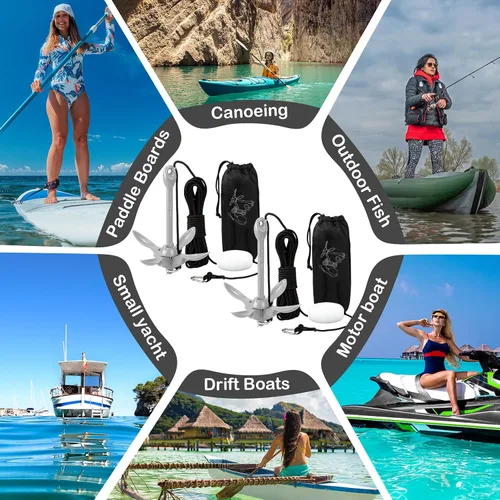 Miniatura 7 de Lounsweer Paquete de 2 anclajes de kayak marino de 1.5/3.5 libras, kit de anclaje plegable para barco, kayak, pesca, accesorios para botes pequeños