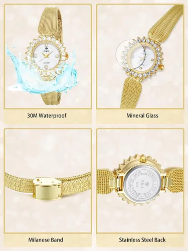 Miniatura 5 de Women's Gold Watch Crystal Bezel Mesh Band Mother of Pearl Dial
