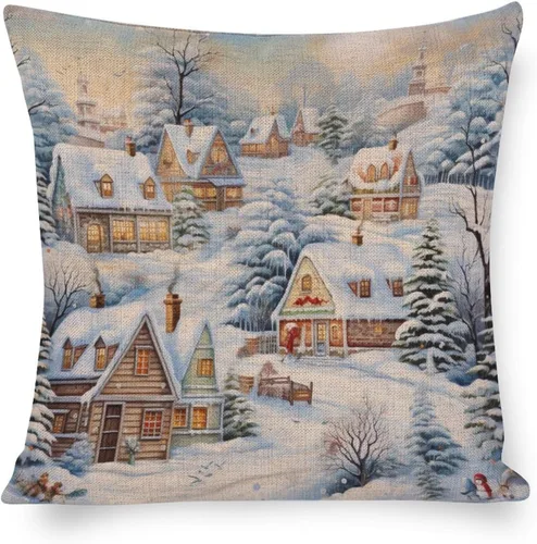 Miniatura 8 de Fundas de almohada de 16 x 16 pulgadas, diseño de pueblo de invierno, decoración de Navidad, para sofá, sala de estar, dormitorio