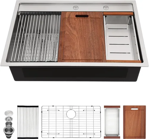 Miniatura 21 de Sarlai - Fregadero de cocina de cascada de 31 pulgadas, de montaje superior - 31x20 Fregadero de cocina con borde y estación de trabajo, de acero